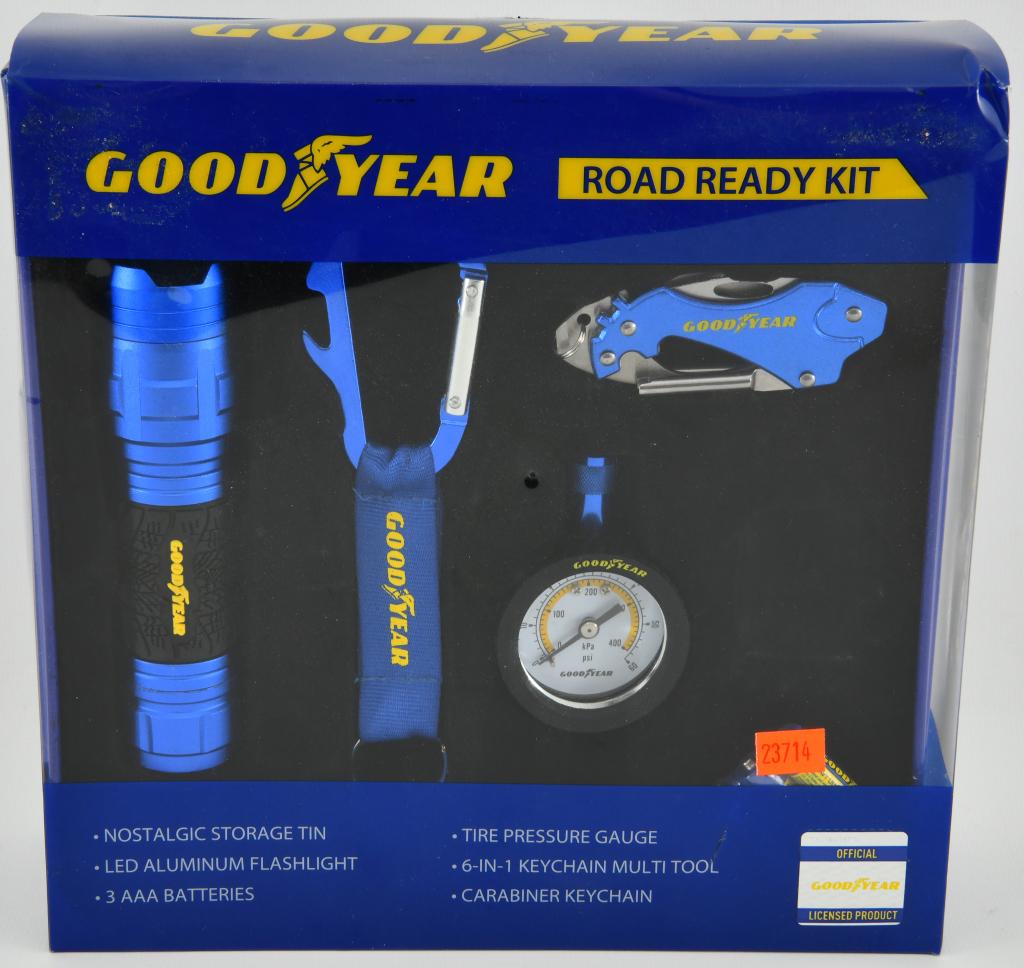 Goodyear Road Ready Kit New in package: Goodyear ROAD READY KIT Flashlight, Gauge. Multitool Carabineer, Keychain IN TIN **Makes a great gift!** Goodyear Road Ready Kit Gift idea LED Aluminum Flashlight Tire Pressure Gauge 6-in-1 Multi tool