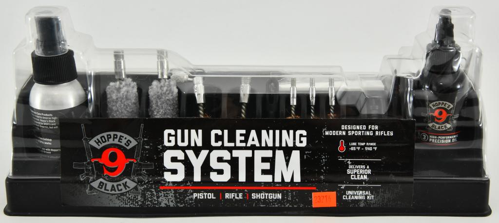 Hoppe's 9 Black Gun cleaning System New: New in the package; Hoppe's No. 9 Black Universal Gun Cleaning System Hoppe's Item Number HBCKU Reusable Storage Case 3-Piece Aluminum Rod 12 Gauge Phosphor Bronze Brush 20 Gauge Phosphor Bronze Brush