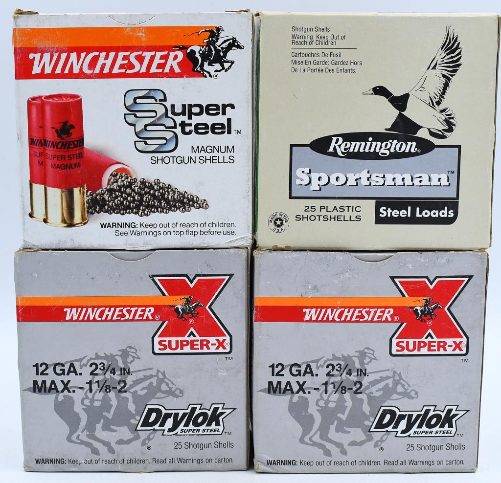 100 Rounds Of 12 Gauge Plastic Shotshells: 100 Rounds Of 12 Gauge Plastic Shotshells, 50 Rounds Are Winchester Super-X Drylok 2 3/4" 2 Shot Shotshells, 25 Rounds Are Remington Sportsman 2 3/4" Steel Loads, & 25 Rounds Are Winchester 2 3/4" 2 S