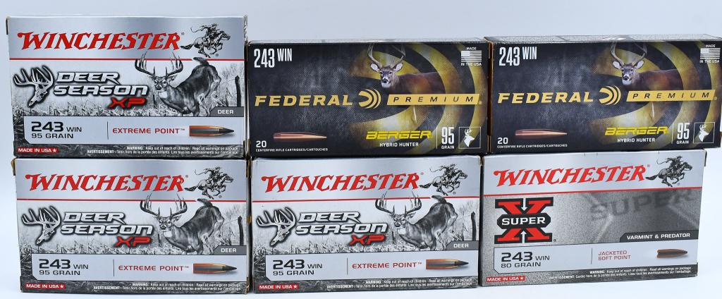 114 Rounds of .243 Winchester Ammunition: 114 Rounds of .243 Winchester Ammunition, 74 Rounds Are Winchester 95 Grain Extreme Point Deer Season XP Ammunition, 40 Rounds Are Federal Premium 95 Grain Berger Hunting Ammunition