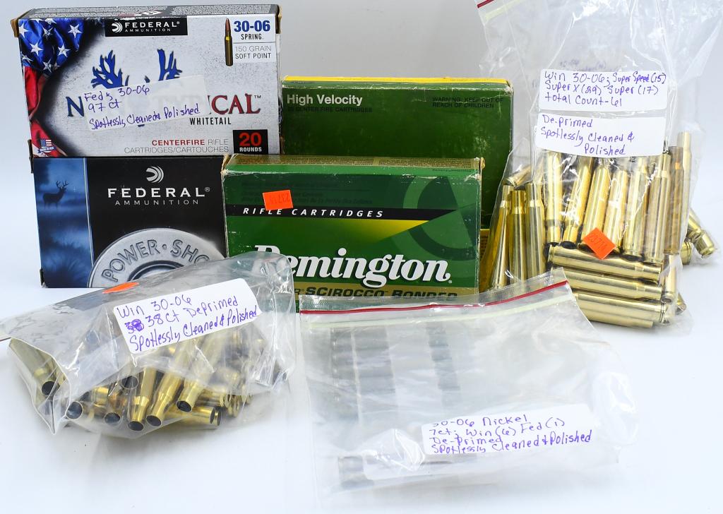 Approx 307 Count of Mixed .30-06 Empty Brass: Approx 307 Count of Mixed .30-06 Empty Brass Casings, Some Are Marked Norma, Hornady, Remington, Winchester & Federal, Brass is Spotlessly Cleaned , Polished & De-Primed & ready For Reloading