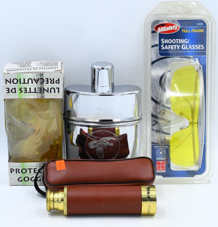 2 Pair of Shooting Glasses, Large Flask & BSA: 2 Pair of Shooting Glasses, Large Flask & BSA Spyglass TT25x30 With Carry Case, Lot Includes 1 Turkey Design Large Metal Flask, 2 Pair Of New In The Box Shooting Safety Glasses, & 1 BSA Spyglass In Go