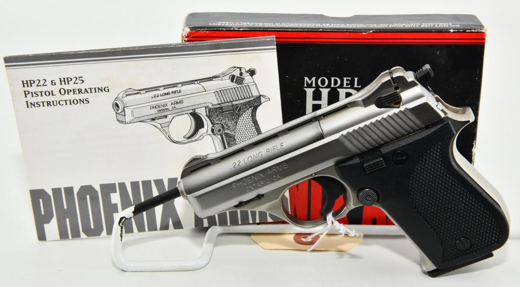 Phoenix Arms Model HP22 Pistol .22 LR: Up for auction is a Phoenix Arms Model HP22 Pistol Chambered in .22 LR, Comes with 1 factory magazine, in The Factory Box with Paperwork, in Excellent pre-owned Like New condition. 3" BBL, made in Ont