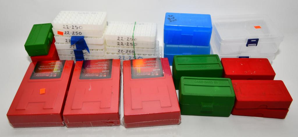lg lot of plastic ammo storage containers-various: Two clear plastic storage container for misc items, there is 3 new in the package, Hornady Universal Die storage boxes, built in compartments for shell holder, bushings and up to 4 dies, red color of 
