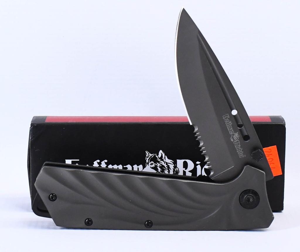 Hoffman Richter Tactical Spring assist Knife: New in the package is a real nice Hoffman Richter Hr-15 Tactical Spring Assist 4” Folding Knife Serrated Blade in box 8.25" in length, comes with clip at the back