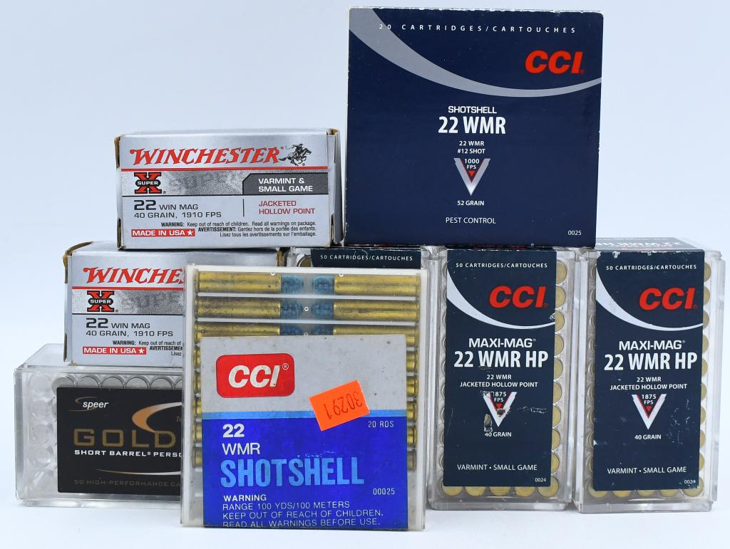314 Rounds Of .22 WMR Ammunition: 314 Rounds Of .22 WMR Ammunition, 100 Rounds Are CCI Hollow Points, 100 Rounds Are Winchester 40 Grain 30 Rounds Are CCI Shotshells, 42 Rounds Are CCI Total Metal Jackets, & 42 Rounds Are Speer Gold D