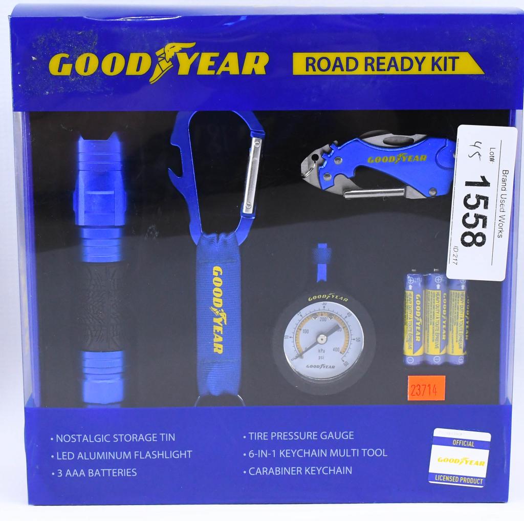 Goodyear Road Ready Kit New in package: Goodyear ROAD READY KIT Flashlight, Gauge. Multitool Carabineer, Keychain IN TIN **Makes a great gift!** Goodyear Road Ready Kit LED Aluminum Flashlight Tire Pressure Gauge 6-in-1 Multi tool Keychain
