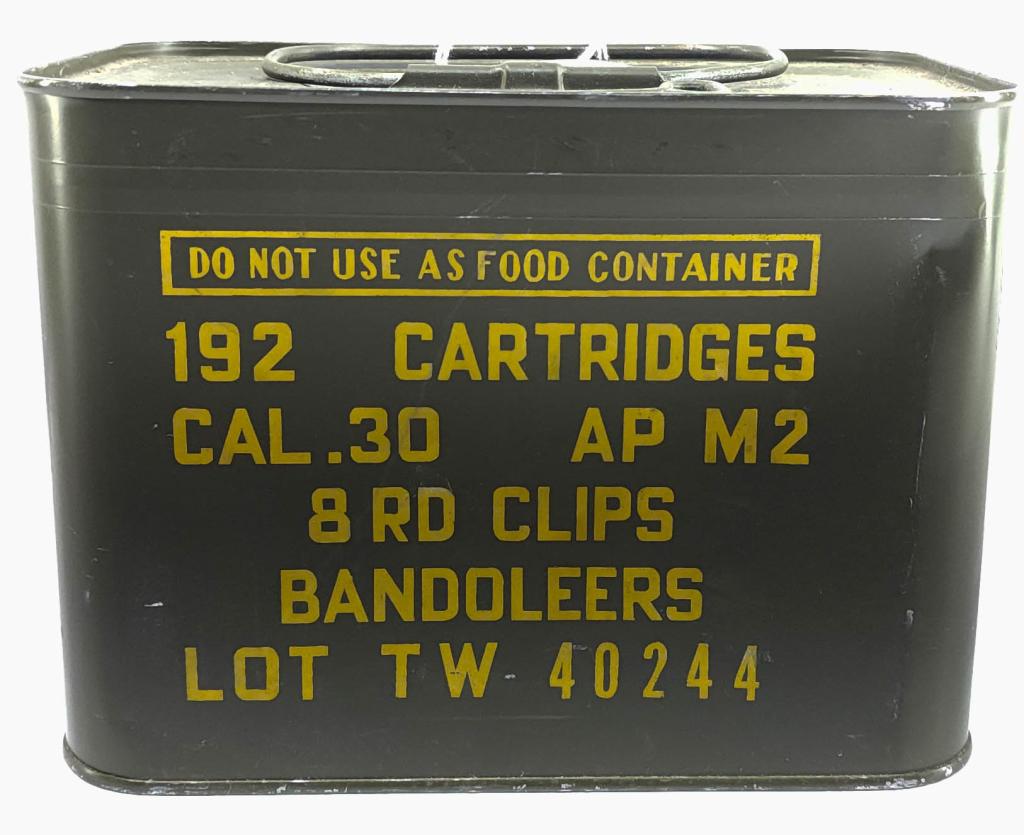 192 Rd Sealed Spam Can Of AP .30-06 Ammo On Enbloc: 192 Rd Sealed Spam Can Of AP .30-06 Ammo On Enbloc Clips, Armor Piercing Military M2 Ammunition On M1 Garand Enbloc Clips & Bandoliers, Also Comes With Spam Can Key Opener
