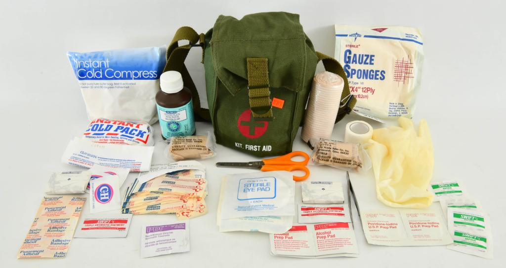 Military First Aid Pouch Kit With Accessories: Military First Aid Pouch Kit With Accessories, Military OD Green First Aid Shoulder Pouch With Lots Of Various Medical Supplies , Including Hydrogen Peroxide, Scissors, Band-Aids, Wound Wraps New In P