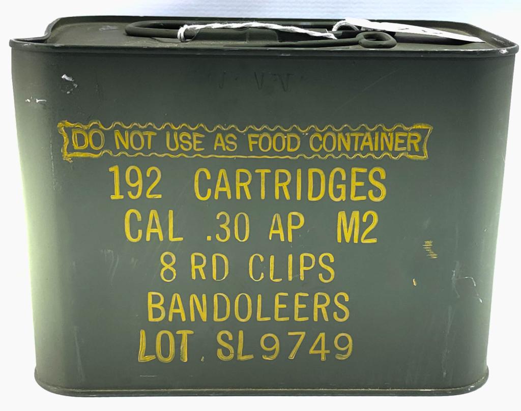 192 Rd Sealed Spam Can Of AP .30-06 Ammo On Enbloc: 192 Rd Sealed Spam Can Of AP .30-06 Ammo On Enbloc Clips, Armor Piercing Military M2 Ammunition On M1 Garand Enbloc Clips & Bandoliers, Also Comes With Spam Can Key Opener