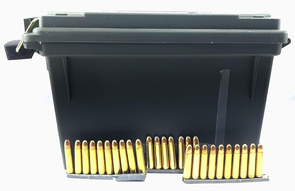 Approx 481 Rds .30 Carbine Ammo On Stripper Clips: Approx 481 Rounds M1 .30 Carbine Ammo On Stripper Clips, Brass Cased , Round Nose Ammunition Loaded On Stripper Clips , Also Comes With Plastic Ammo Can