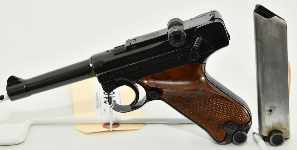 Erma Model KGP 68A Luger .380 Semi-Auto Pistol: Up Next We Have a Erma Model KGP 68A Luger Semi-Auto Pistol Chambered For .380 ACP, and Comes With Two Magazines, Equipped With a 4" Barrel, modeled after a Luger P08 and manufactured by Erma-Werke in