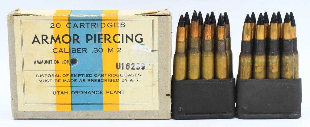 36 Rounds Of AP .30-06 SPRG Ammunition: 36 Rounds Of AP .30-06 SPRG Ammunition, Armor Piercing Black Tipped Brass Cased Ammunition , 20 Rounds Are In Original Utah Ordnance Plant Box, & 16 Rounds Are On M1 Garand Enbloc Clips
