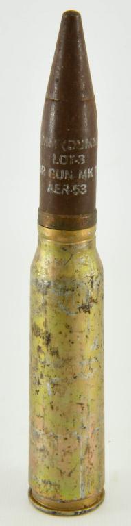 1953 U.S. Navy 20mm AER-53 Dummy Artillery Round: Up Next We Have a 1953 U.S. Navy 20mm AER-53 Dummy Artillery Round, marked “Neco 12 52 20mm MK 5 Mod 0” on the Bottom & “20mm Dummy Lot-3 For Gun MK 12, AER-53” on the Head.