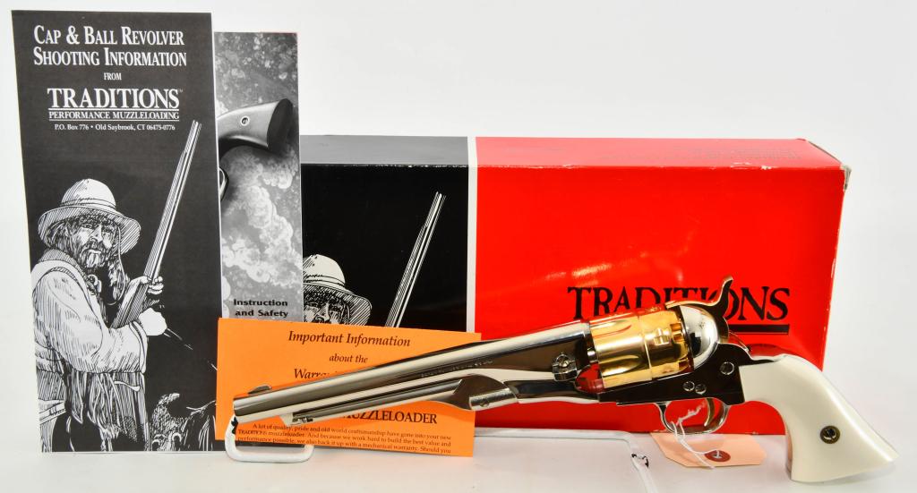 Traditions 1860 Colt Army .44 Cal Revolver: Up Next We Have a Traditions 1860 Colt Army .44 Cal Revolver, Single-action, in Stainless WIth a Gold Plate Cyl;inder and Trigger, Recognized as the mainstay of the Union Army & could be found in Army
