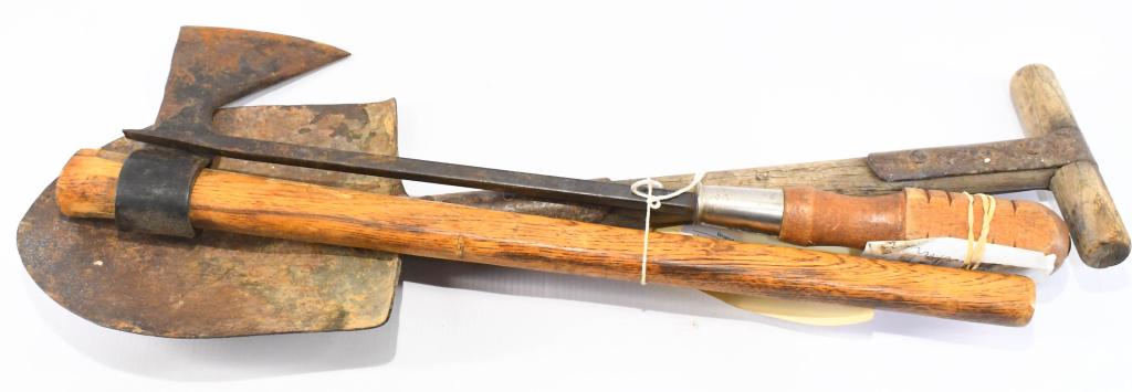 3 Vintage Wood Handle Hand Tools: 3 Vintage Wood Handle Hand Tools, Includes 1 Wooden Handle Splitting Axe, 1 Wooden Handle Short Length Shovel, & 1 Wooden Handle Extra Large Shotgun Screw Driver