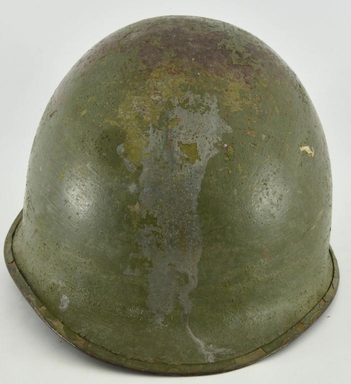 U.S. Military M1 Steel Pot Helmet WH w/Liner: U.S. Military M1 Stel Pot Helmet with Liner- another great helmet, this helmet has a silver line at the front, a brown line to the left (looking at helmet front) a gray line to the left and a dark gre