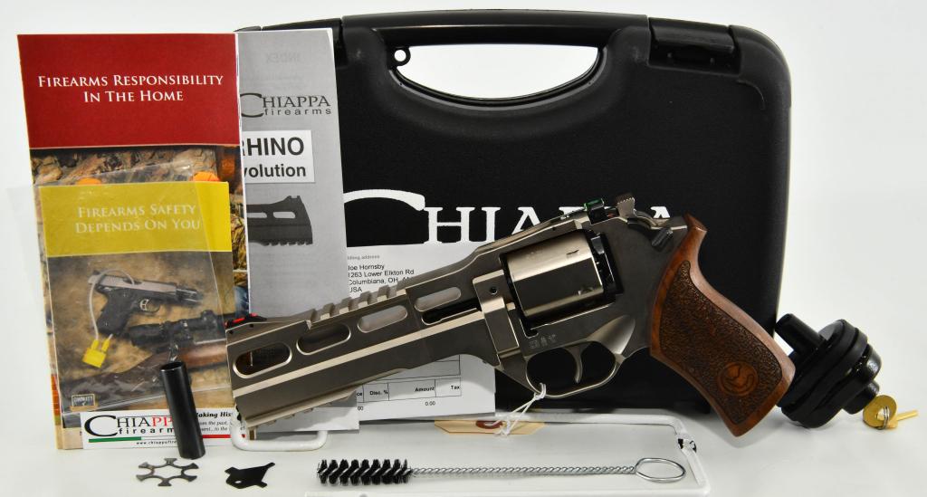 White Rhino 60DS Revolver .357 Magnum 6" Barrel: Up Next We Have a Chiappa White Rhino 60DS Revolver Chambered in .357 Magnum, 6" Barrel, 6 Rounds, Wood Grip, and Comes in The Factory Hardcase With Paperwork, Moonclip, and Lock. Overall Appears in E