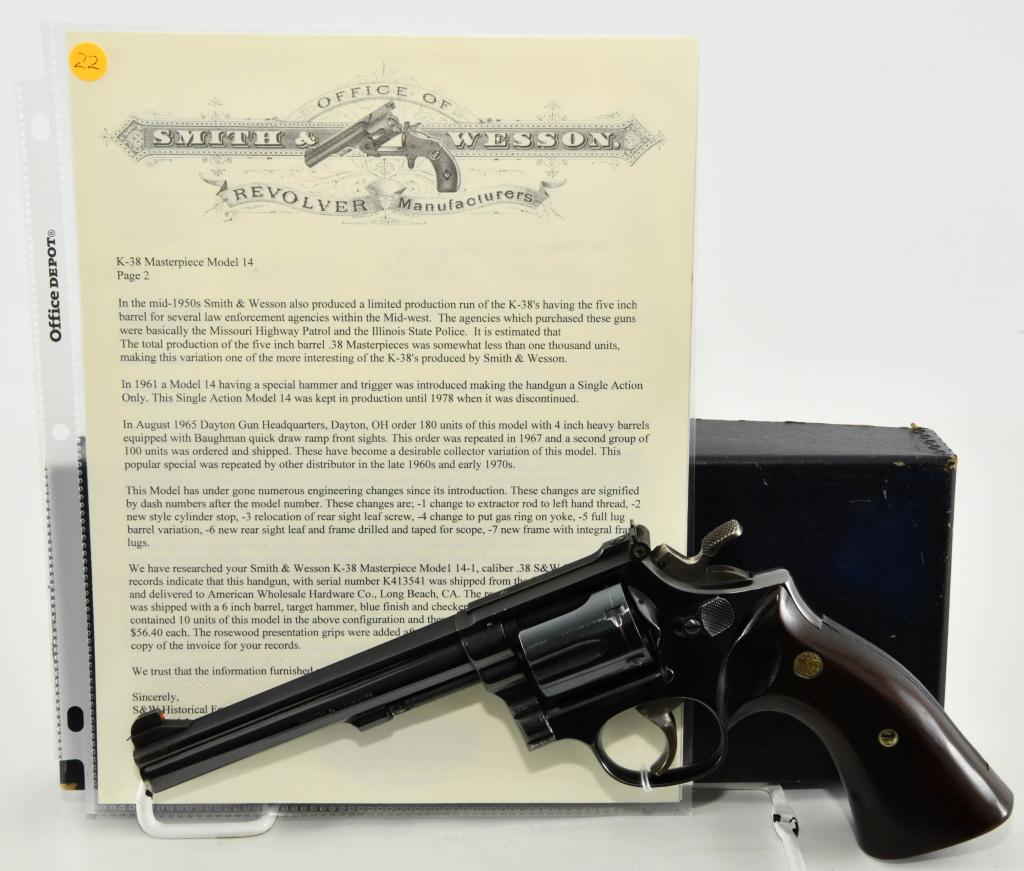 Smith & Wesson Model 14-1 K-38 Heavy Masterpiece: Up Next We Have a Scarce Smith & Wesson Model 14-1 K-38 Heavy Masterpiece Revolver Chambered in .38 Special, Equipped With a 5 3/4" Heavy Barrel, Smooth Trigger, and Wide Target Cross Hatched Hammer,