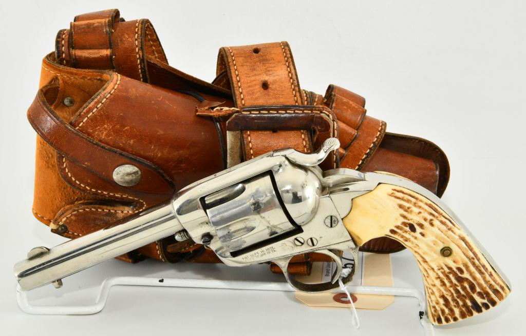 Colt Single Action Army Bisley Revolver .45 LC: Up Next We Have a Fine 1st Generation Colt Bisley Model Single Action Army Revolver Chambered in The Desirable .45 Long Colt, Nickel Finish, 4 3/4" Barrel, and Stag Grips. All Matching Serial # 229942