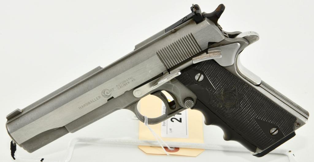 Scarce AMT Hardballer Semi Auto Pistol .45 ACP: Up Next We Have a Scarce Stainless AMT Hardballer Semi Auto Pistol Chambered in .45 ACP, It Comes With One Magazine, Wrapped in Bianchi Grips, Manufactured in Covina, CA. Serial # B25398 Adjustible Re