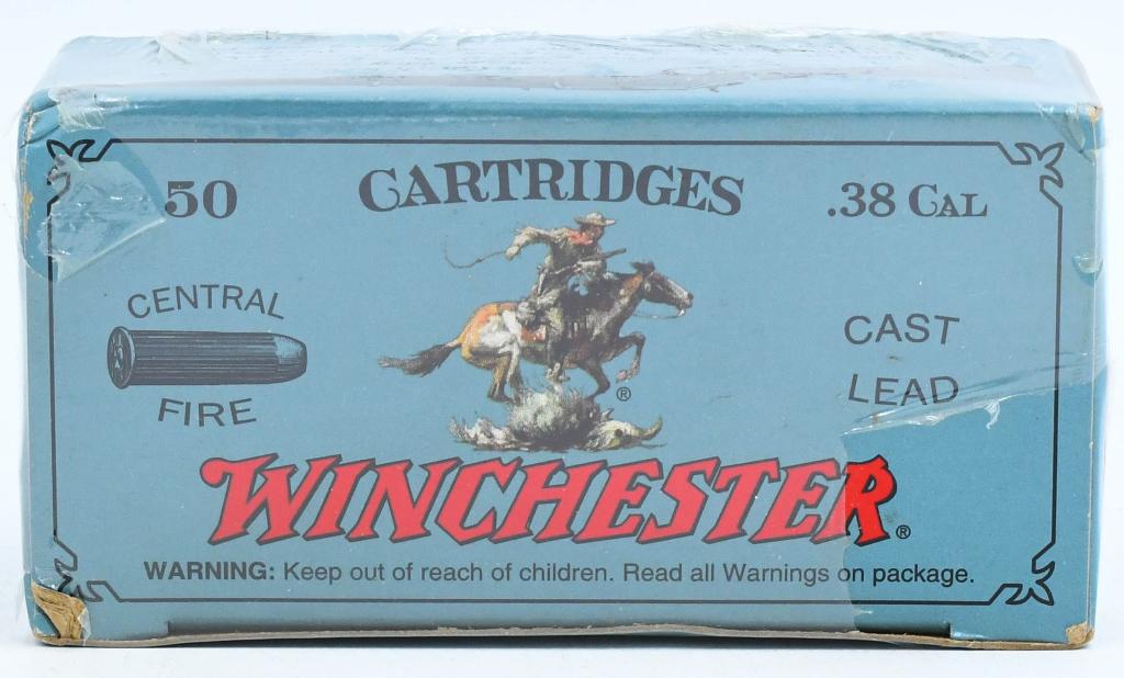 50 Rd Collector Box Of Winchester .38 Cal Ammo: 50 Rd Collector Box Of Winchester .38 Caliber Ammunition, Central Fire Cast Lead 158 Grain Flat Nose Ammo Designed in Cooperation With SASS, These Cartridges Were Originally Designed For Early America