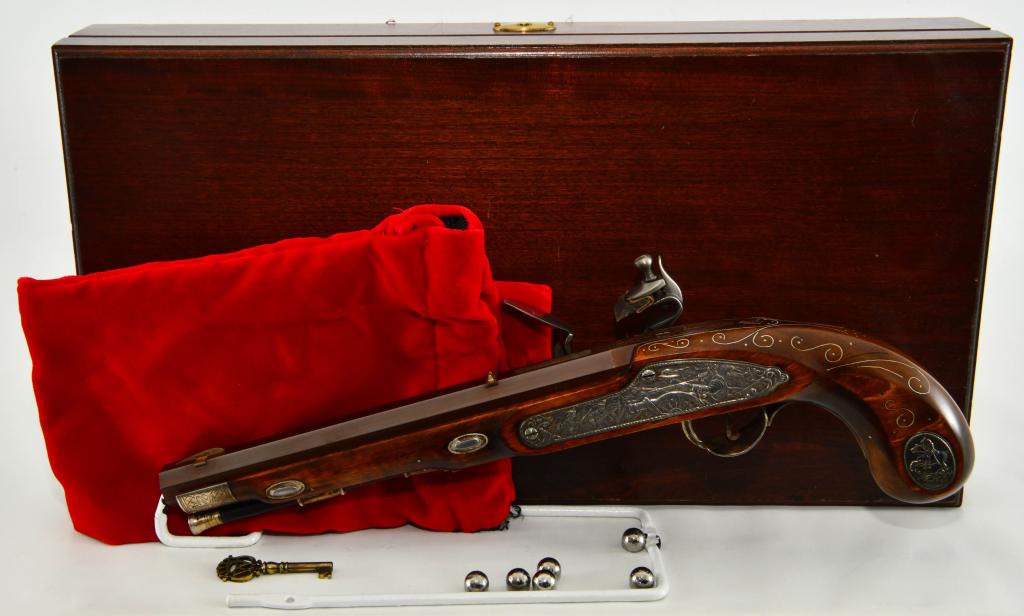 U.S. Historical Society Andrew Jackson Flintlock: Up Next We have a U.S. Historical Society Andrew Jackson Commemorative Flintlock Pistol, Chambered in .45 Caliber, 8 5/8" Octagon Barrel, Mint Unfire, and Comes With wood presentation case, gloves, pi