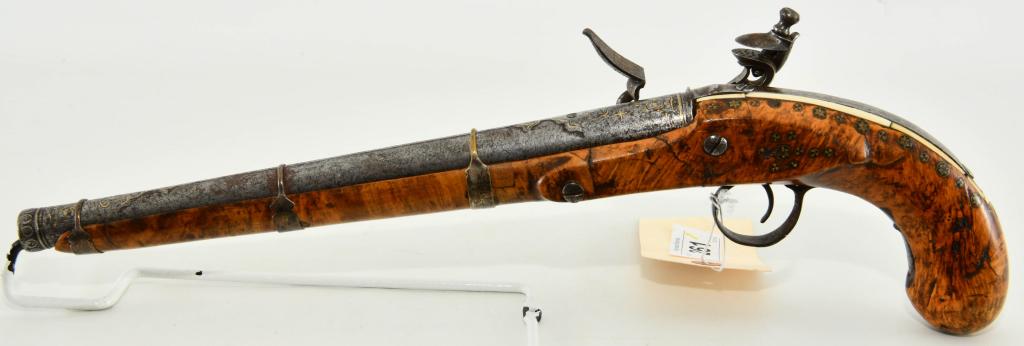Antique Ornate Middle Eastern Flintlock Pistol: Up Next We Have an Antique Ornate Flintlock Pistol With Inlays, Only Marking is "Ondarno" on The Sideplate, 11 5/8" Barrel, Six Pointed Stars, Three Triangles in a Circle, Gold Inlays, Silver Plated B
