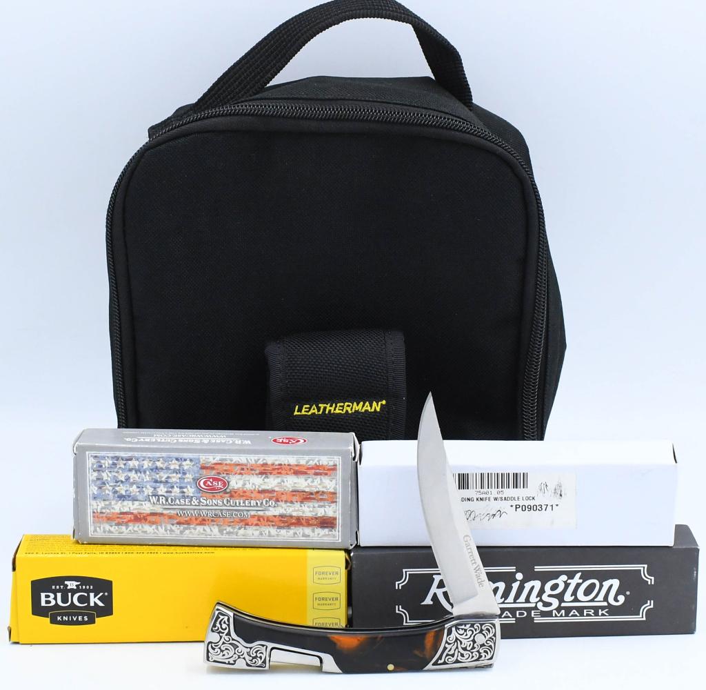 5 Various Collector Knives & Nylon Pouch: 5 Various Collector Knives & Nylon Pouch, Includes 1 Case XX Folding Pocket Knife New In Box, 1 Remington 1 R1303 Folding Pocket Knife New in Box With Original Paperwork, 1 Garrett Wade Folding Pocket