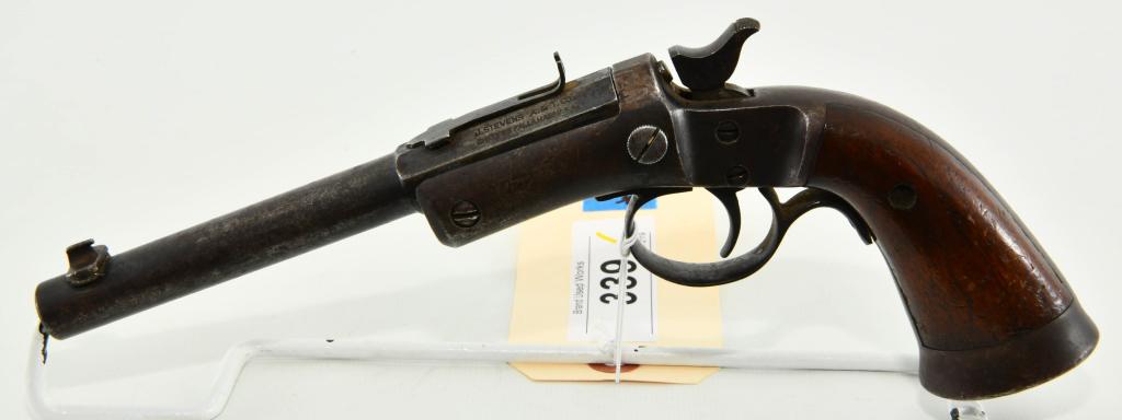 J. Stevens A&T Co. Tip Up Single Shot Pistol: Up Next We Have a J. Stevens A&T Co. Tip Up Single Shot Pistol, 6" Barrel, Open Sight, Two line "J Stevens A&T Co. Chicopee Falls Mass U.S.A" barrel marking, Serial 53357.