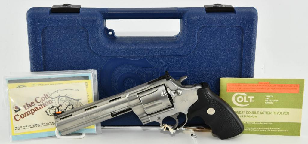 Mint Colt Anaconda Stainless Revolver .44 Magnum: Up Next is a Pristine and Appears Unfired Stainless Colt Anaconda Snake Gun Revolver Chambered in .44 Magnum, Equipped With a 6" Vented Rib Barrel, and Comes in The Factory Blue Hardcase With Paperwor