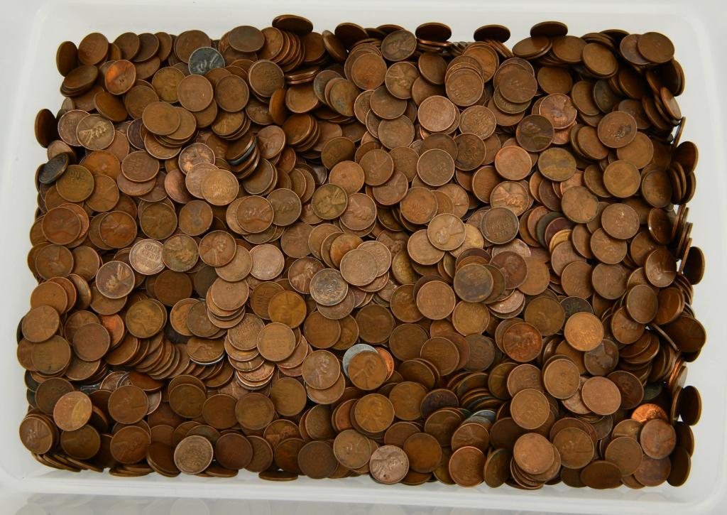 Over 3000 Unsearched Wheat Pennies! 15+ LBS: Up Next We Have a Huge Lot of Over Over 3000 Unsearched Wheat Pennies! Weighs 15 LBS 3.3Oz's Internet Says 1000 Wheat Pennies Weighs 5 Pounds, and I'm Not Counting Them!
