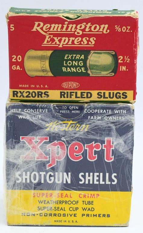 2 Collector Boxes Of 20 Gauge Shotshells: 2 Collector Boxes Of 20 Gauge Shotshells, 5 Rounds Are Remington Express 2 1/2" 20 Ga Extra Long Range Made in USA & 25 Rounds Are Western Expert 2 3/4" 4 Shot Super Seal Crimp Non Corrosive Priming S