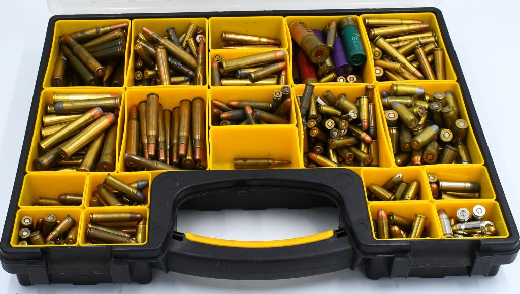Large Collection Of Various Caliber Ammunition: Large Collection Of Various Caliber Ammunition, Includes Various Head Stamped Brass Cased Pistol Ammo, Various Brass Cased rifle Ammunition & Various Shotgun Shells , Also Comes With 20 Bin Plastic Am