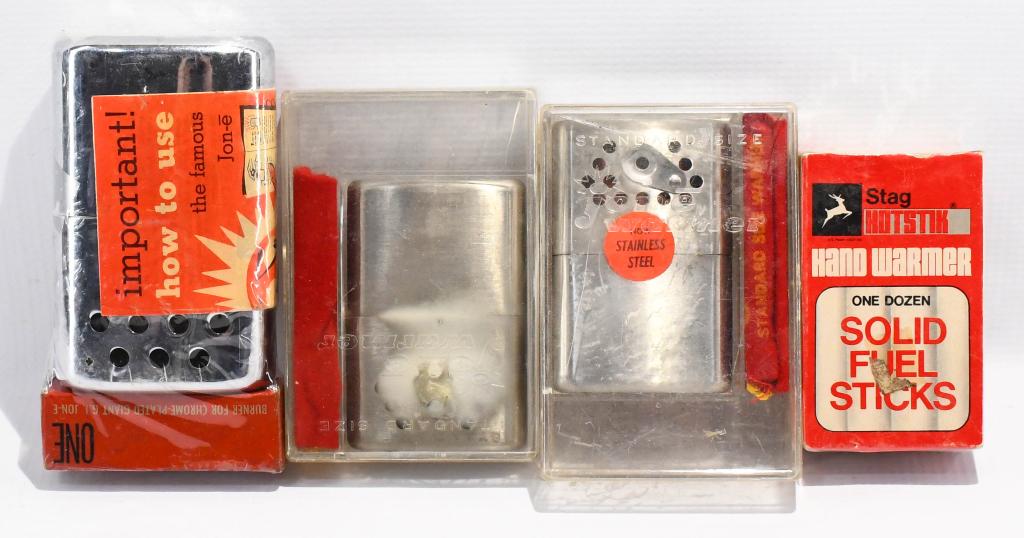 Vtg Collectible Giant G.I. Jon-E w/2 others & Flui: Vintage Collectible Giant G.I. Jon-E in wrap with two other Jon-E in plastic storage container with sealed package of Stag Hostik Hand Warmer Solid fuel sticks. About seventy years ago, John W. Smith