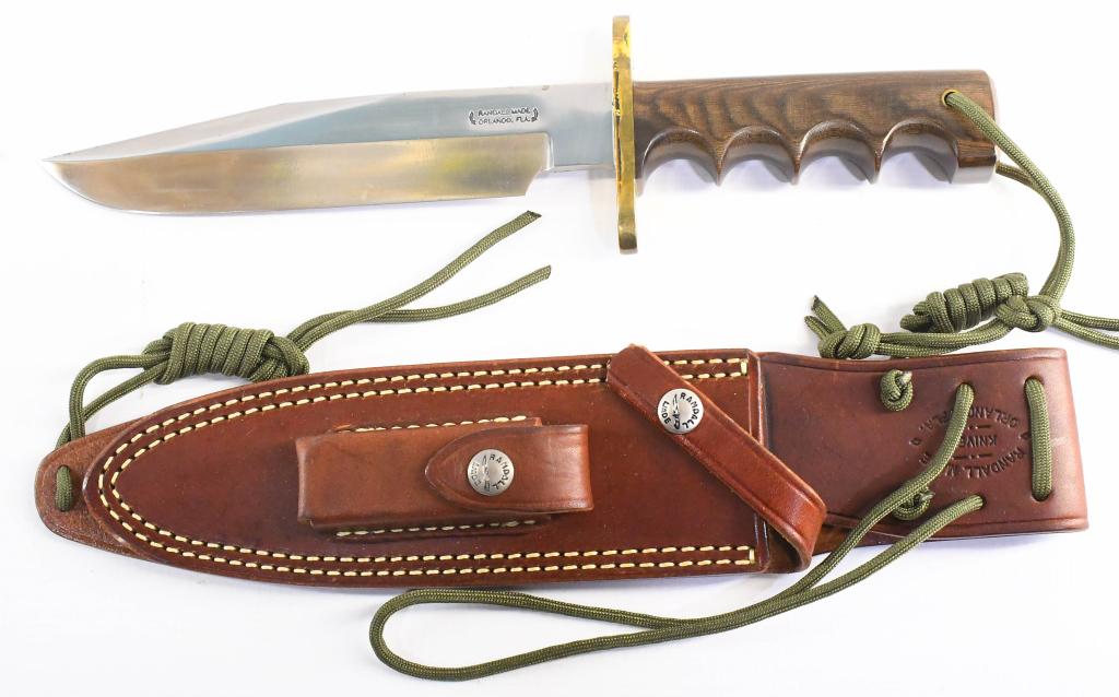 Randall Made Model 14 Attack Knife & Sheath: Randall Made Model 14 Attack Knife & Leather Sheath with Green Micarta Handle In the 1950s, Bo Randall designed the Model 14 Attack for the troops in Korea. A knife designed for combat and survival, t