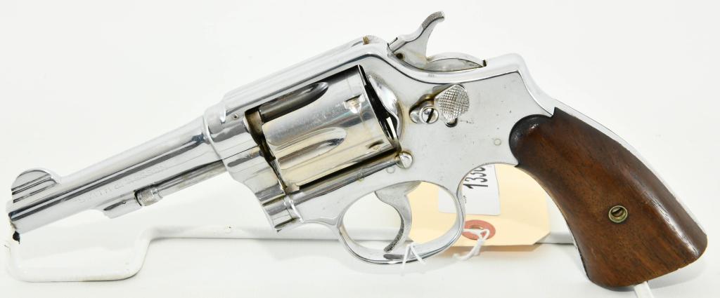 Smith & Wesson Victory Model Chrome .38 S&W: Up Next We Have a Smith & Wesson Victory Model With a Chrome Finish, Chambered in .38 S&W, 4" Barrel, Front Half Moon Blade Sight, Two Panel Smooth Wood Grip, Pinned Barrel, Lanyard Ring Hole, Serial 