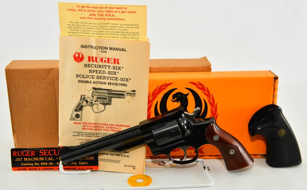 Ruger Security Six Revolver .357 Magnum 6": Up Next We Have a Mint Ruger Security Six Revolver Chambered in .357 Magnum, 6" Barrel, Adjustible Sights, Model RDA-36, Overall Appears in Pristine Like New Condition, and Comes in The Factory Box Wi