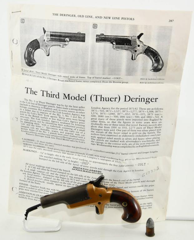 Colt Thuer 3rd Model Single Shot Derringer .41: Up Next is a 3rd Model Colt Derringer which is also known as the Thuer Model Derringer. Caliber is .41 Rimfire with 2.5" round barrel. Brass frame, Serial # 26107, Manufactured circa 1875-1912. Serial