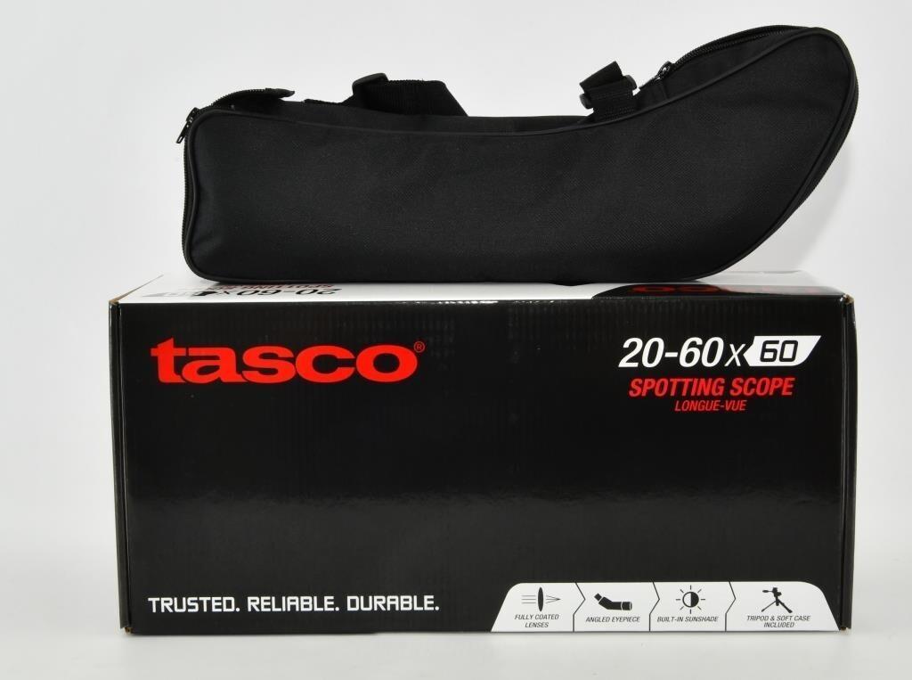 New In Box Tasco FC Spotting Scope 20-60x 60mm: New In Box Tasco FC Spotting Scope 20-60x 60mm Angled Eyepiece with Tripod Tasco Spotting Scopes are ideal for hunting and target shooting and allow the user to scan a wide field area. Spotting Scopes