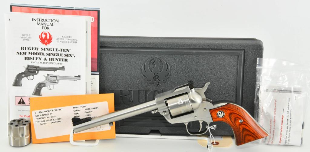 Mint Ruger New Model Single Six Convertible: Up Next We Have a Mint and Appears Unfired Ruger New Model Single Six Convertible Revolver Chambered For .22 Magnum and .22 LR, Equipped With a 6 1/2" Barrel, in a Brushed Satin Stainless Finish, Smoo