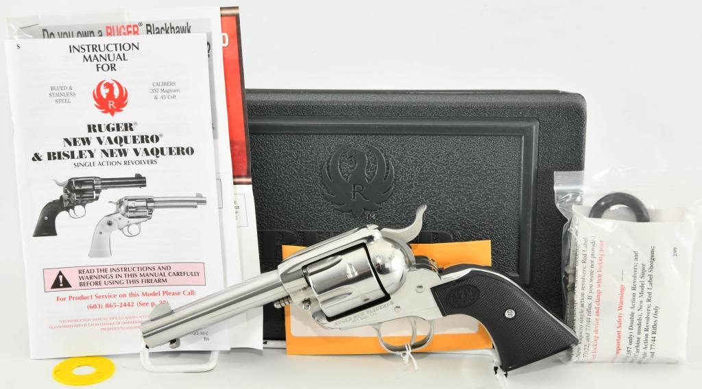 Mint Ruger New Model Vaquero .357 Magnum: Up Next We Have a Mint and Appears Unfired Ruger New Model Vaquero Chambered in .357 Magnum, Equipped With a 4 1/2" Barrel, and High Gloss Stainless Finish, Factory Black Checkered Grips, and COmes in