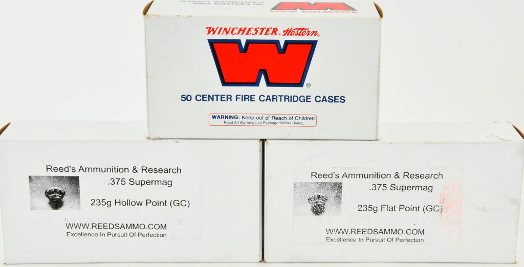 57 Ct Empty .375 SM brass casings & 22 Rds .375 Supermag Ammo: 57 Ct Of Empty.375 SM brass casings & 22 Rds .375 Ammunition, 46 Count Are Winchester .375 SM Unprimed Empty Brass Casings, 11 Count Are .375 Win Empty Brass Casings & 22 Rounds Of Loaded .375 Ammunit