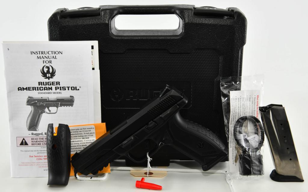 Ruger American Pistol Semi Auto .45 ACP 4.5" BBL: Up Next We have a Ruger American Semi Auto Pistol Chambered in .45 ACP, With a 4.5" Barrel. It Appears in Excellent Like New Condition, It Comes with 2 Mags, Extra Backstrap, Paperwork, Lock, In the O