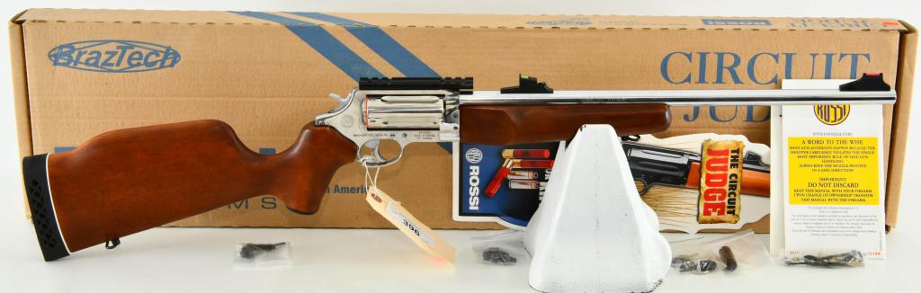 Rossi Circuit Judge Revolver Shotgun/Rifle .45 LC: Up Next We Have a Rossi Circuit Judge Revolver Shotgun / Rifle Chambered in .45 LC / .410 Bore With a 18.5" Barrel, 5 Round Cylinder, Wood Stock, Stainless Finish, and Fiber Optic Sight. Overall Appea