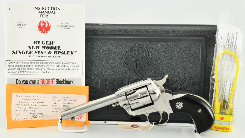 Mint Ruger New Model Single Six Birdshead .32 H&R Mag: Up Next We Have a Mint and Appears Unfired Ruger New Model Single Six Birdshead Revolver Chambered in .32 H&R Magnum, Equipped With a 4 1/2" Barrel, Bright Stainless Finish, Factory Black Grips, and C