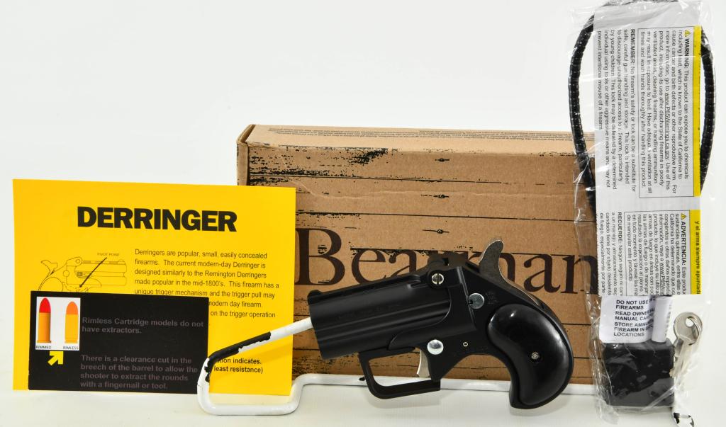 Brand New Bearman Big Bore Guardian 9mm Derringer: Up Next We Have a Brand New Bearman Big Bore Guardian Derringer Chambered in 9mm, Blued Finish, Black Grips, BBG9, and Comes in The Factory Box With Paperwork and Lock.