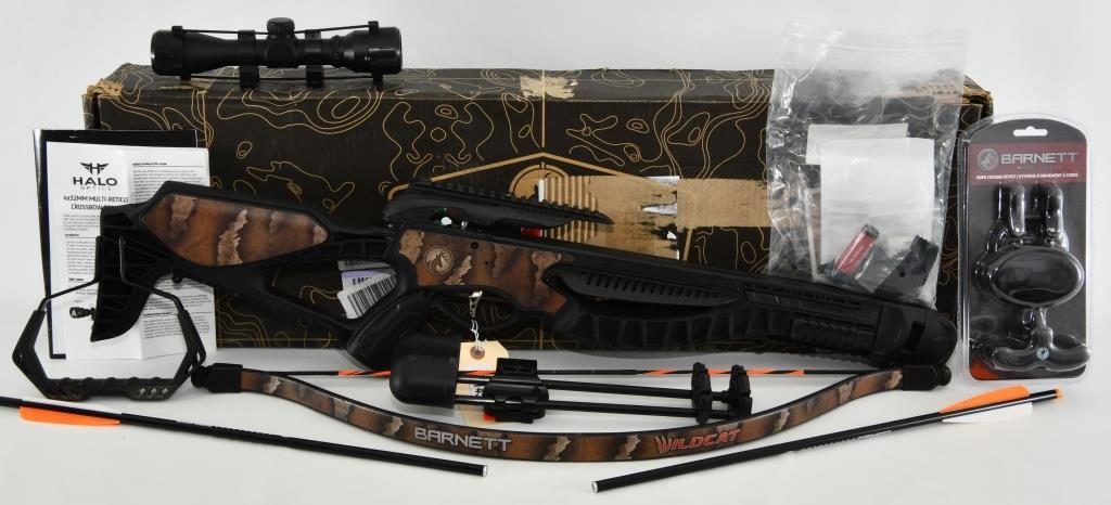 Barnett Wildcat Recurve Bow with Halo Optics: Barnett Wildcat Recurve Bow with Halo Optics Barnett Wildcat Camo Recurve Crossbow Hunting Package, with 4x32mm Multi-Reticle Scope, 2 Arrows, Lightweight Quiver, appears to come in pre owned like new