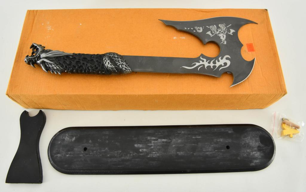 New In Box Dragon Design With Skulls Axe: New In Box Dragon Design With Skulls Axe, Measures Approx 15" Long Overall, Has Skull Designs On the Blade, & Large Dragon Design Handle, Comes Brand New in The Box