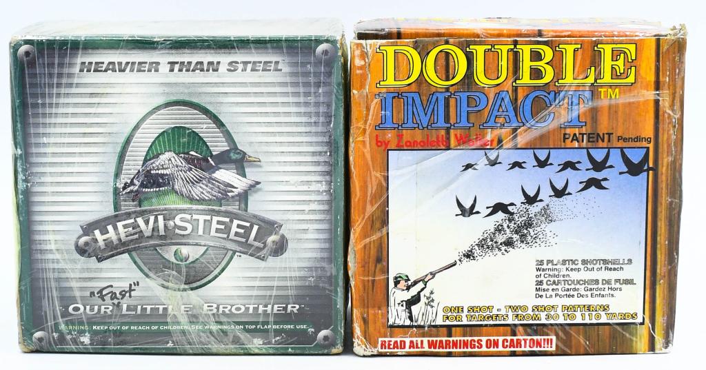 50 Rounds of 12 Ga Shotshells: 50 Rounds of 12 Ga Shotshells, 25 Rounds Are Hevi Steel Fast Load Shotshells, & 25 round Are Double Impact 2 3/4" 7 1/2 Shot Shotshells , Both Boxes Come Cellophane Wrapped